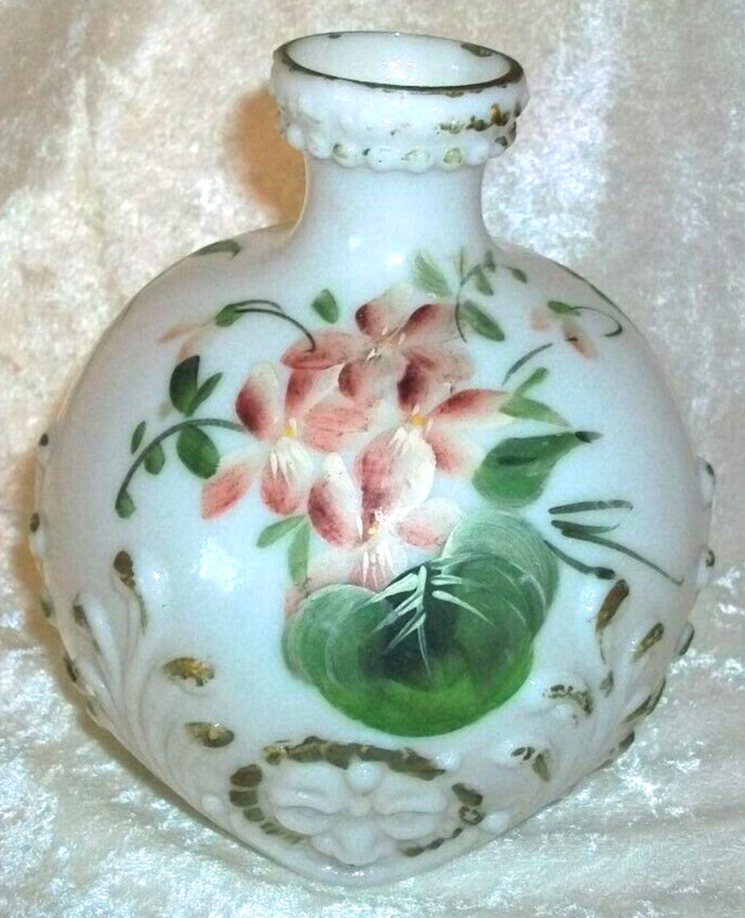 Antique Dithridge White Milk Glass Hand Painted Pink Floral Lion Barber Bottle