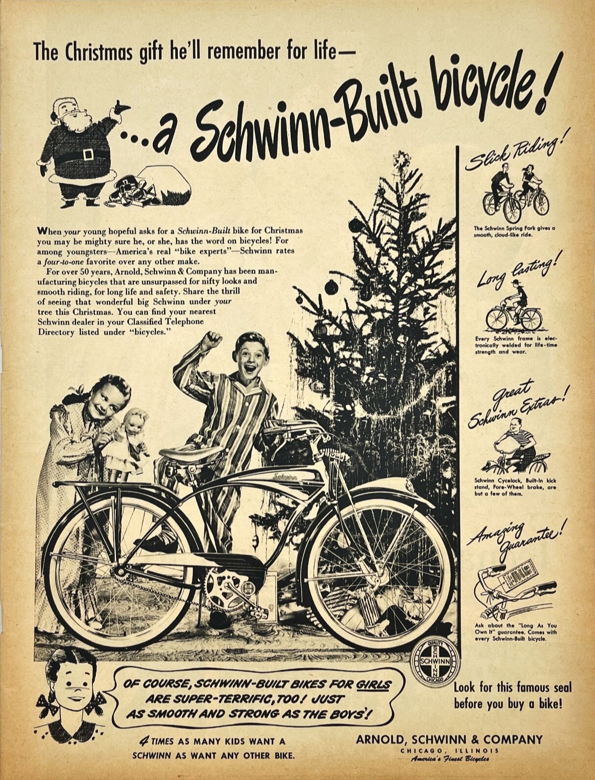 1948 Schwinn B6 Autocycle Christmas Tree Santa Claus Gifts Vtg Magazine Print Ad