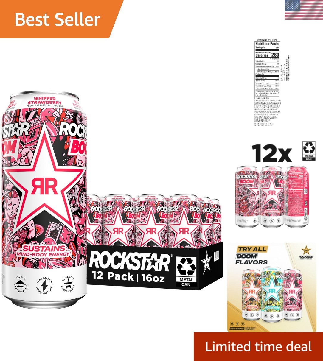 Boost Your Energy with Rockstar Boom - Whipped Strawberry, 12 Cans, 16 Fl Oz
