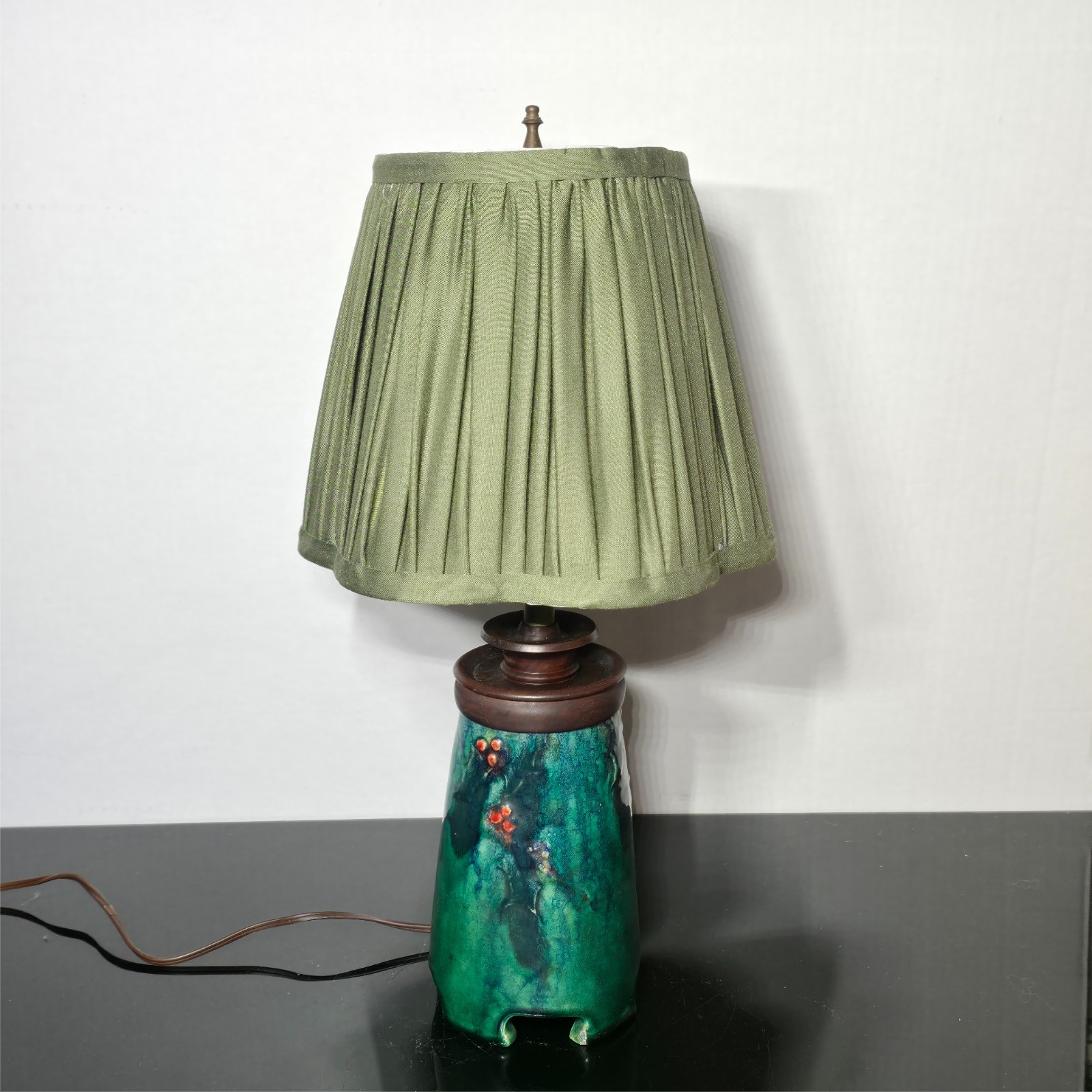 1929 Art and Crafts Pottery Table Lamp Signed KK Green Glaze Leaf & Berry