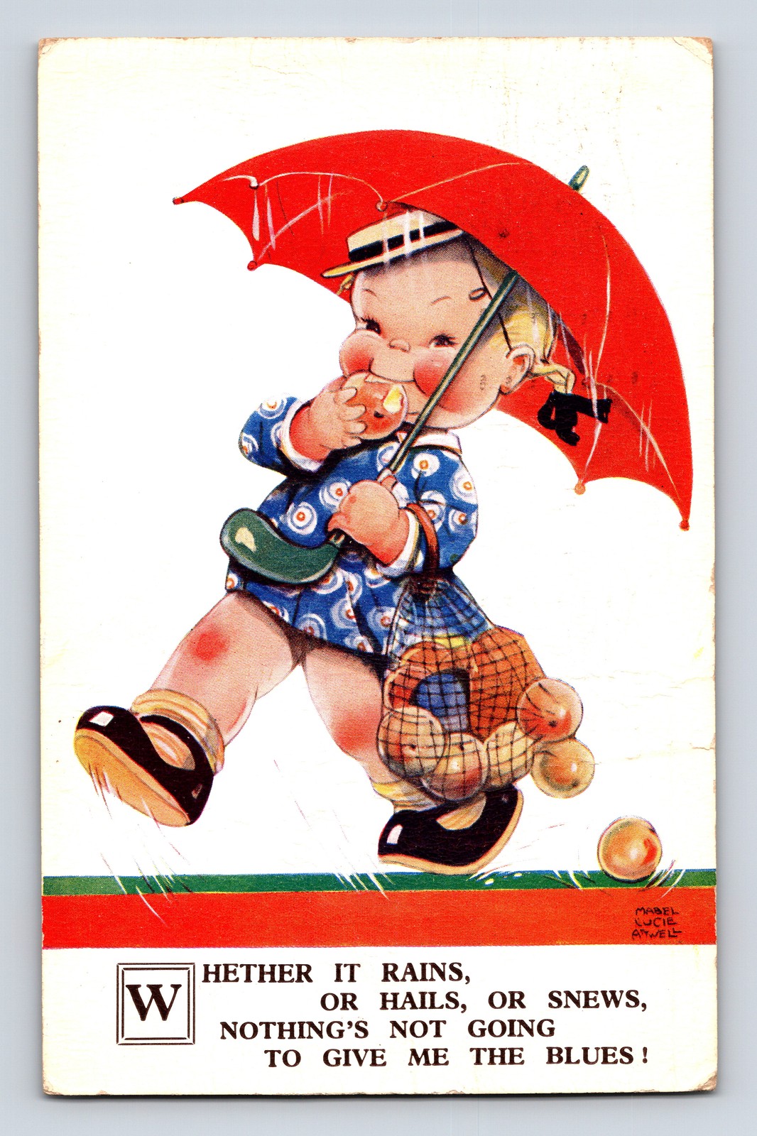 1935 Artist Signed Mabel Lucie Attwenn Rain Won\'t Give Blues Umbrella Postcard