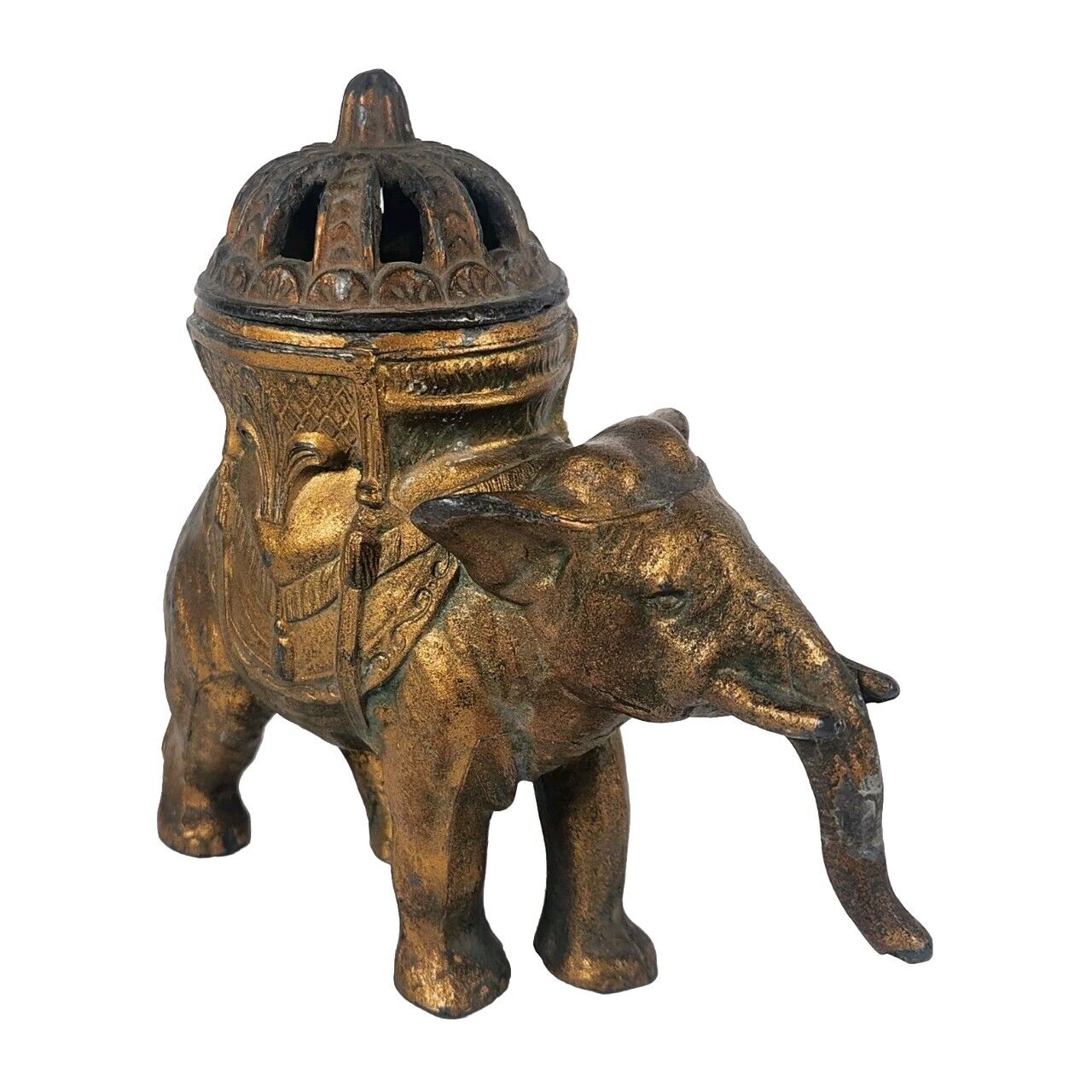 Antique 1920's VANTINES Gold Painted Pot Metal Elephant Incense Burner Intact 