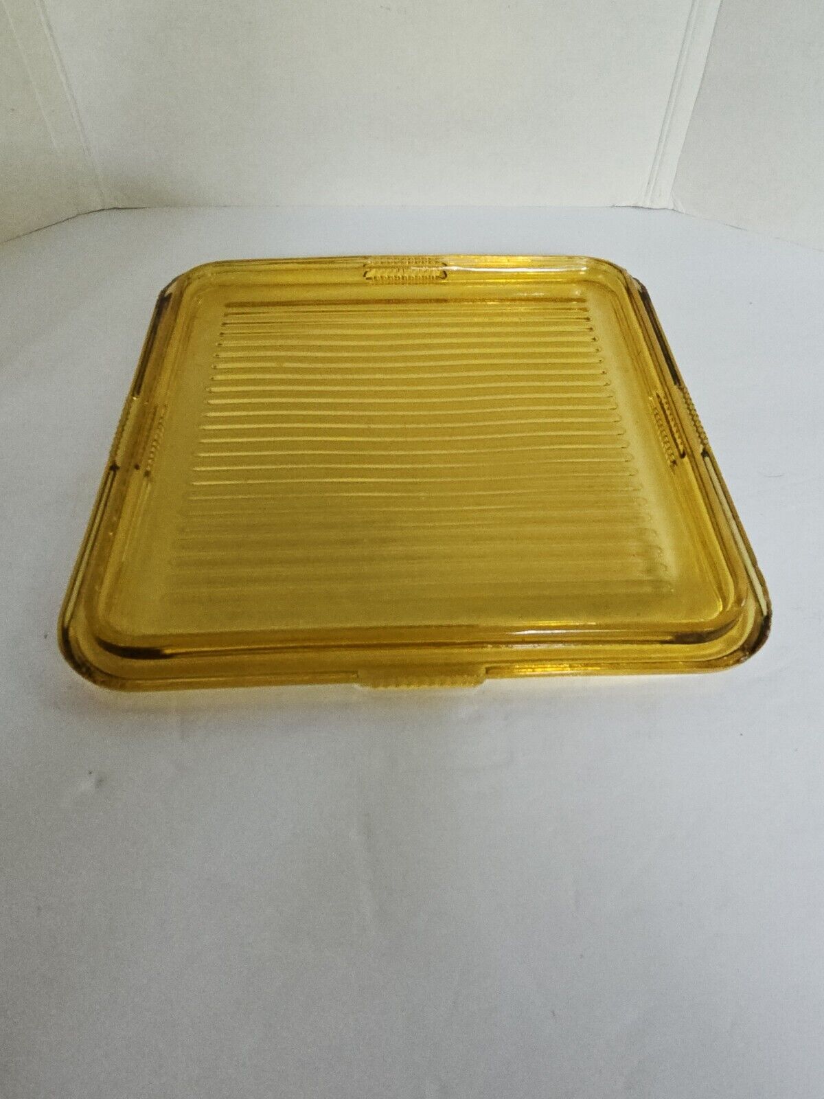 VINTAGE Large Square AMBER Glass Ribbed Refrigerator Dish Lid ONLY Replacement
