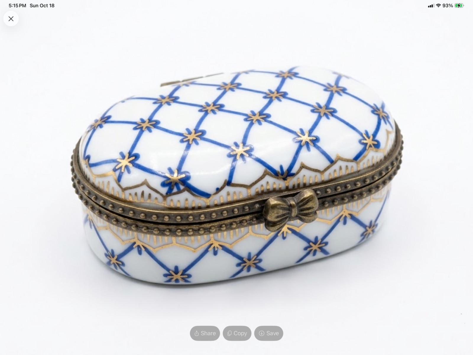 Vintage Porcelain Oval Trinket Pill Box Cobalt Blue Gold Trellis Star Hinged Bow