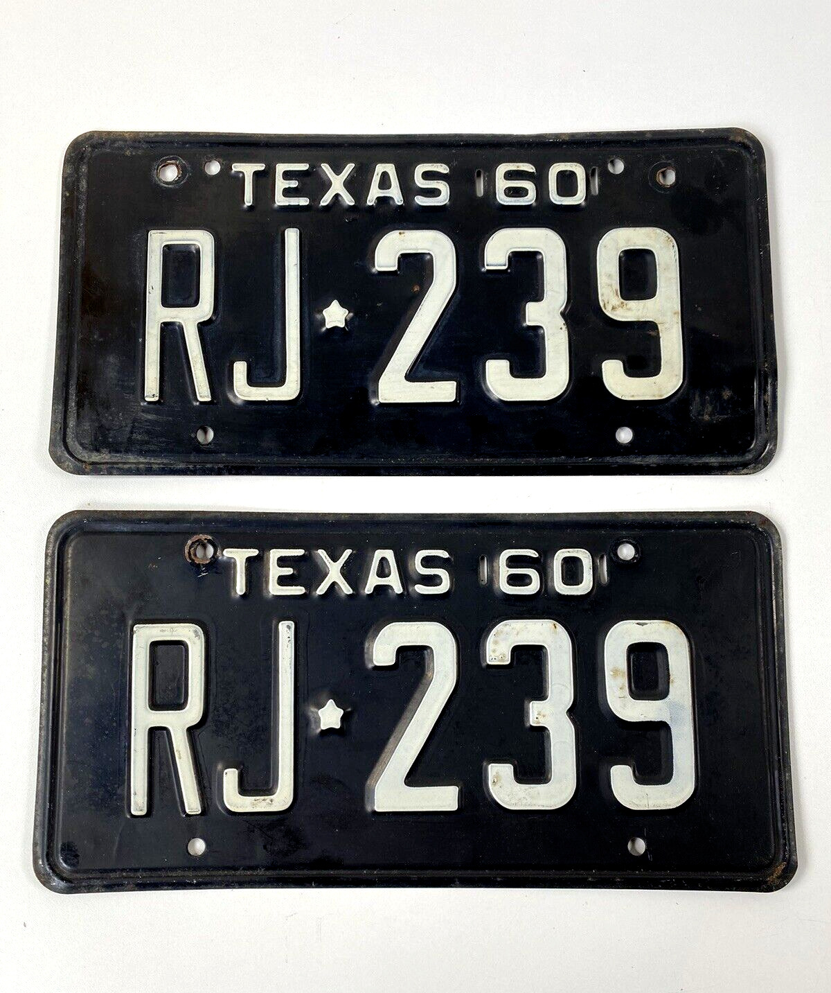 Vintage 1960 Texas License Plate Set RJ 239 Original Patina TX DOT DMV Clear