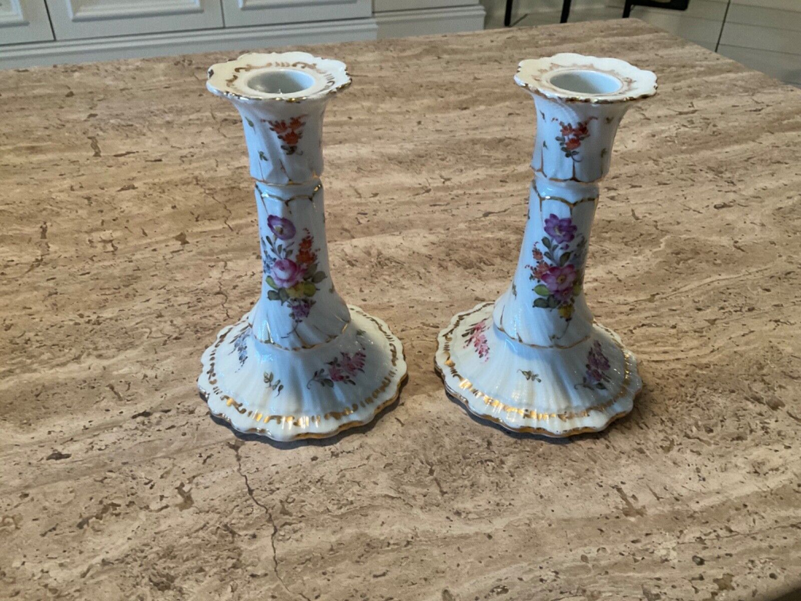 2 Matching Hand-painted Candlesticks by Martial Redon of Limoges, France