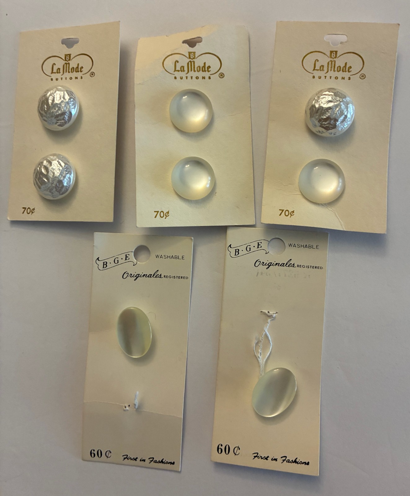 Vintage Lot of 5 Cards LaMode & BGE White Buttons Round & Oval Plastic