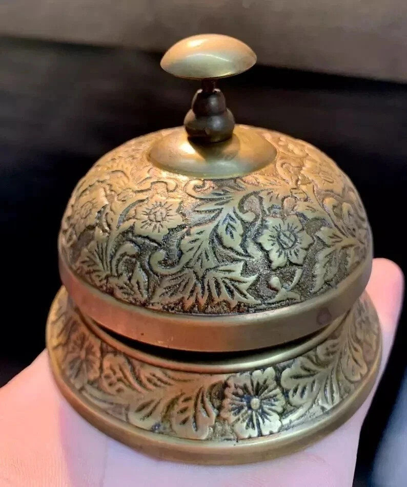 Antique Vintage Brass Hotel Service Ornate Reception Counter & Table Desk Bell
