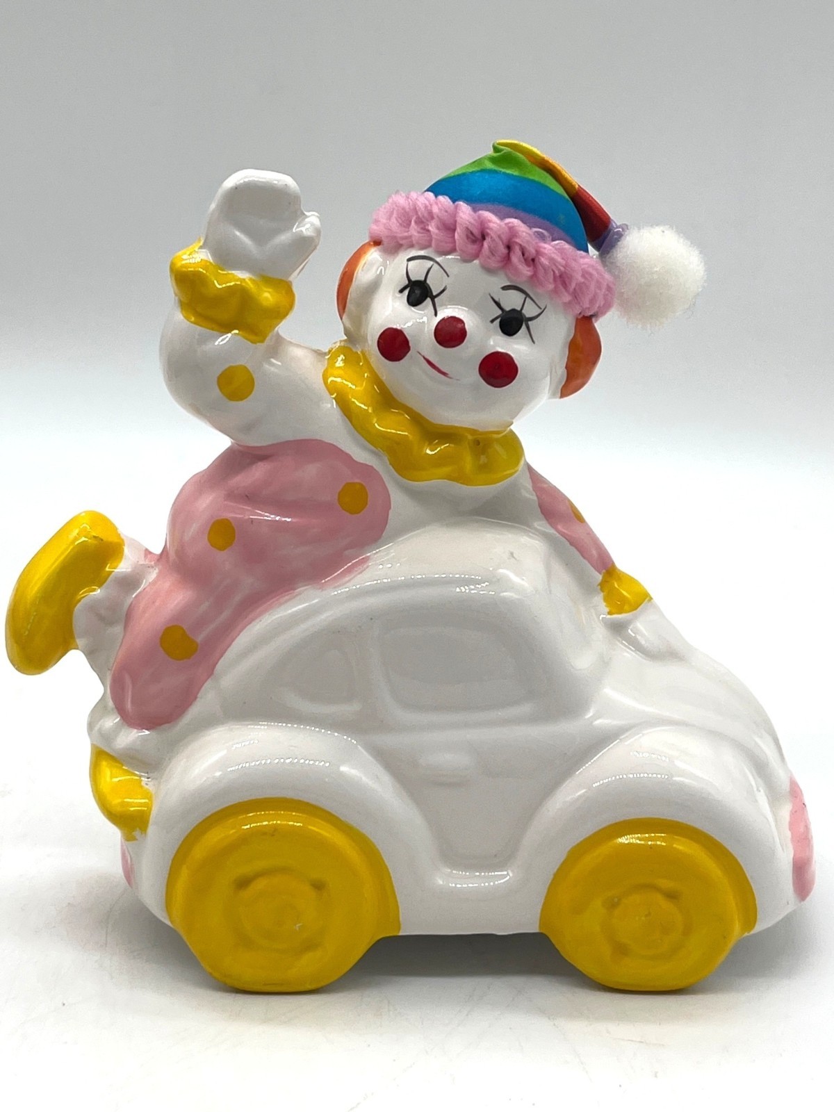 Vintage Clown Ceramic Bank By Mount Clemens Pottery Yellow Wheels Rainbow Hat