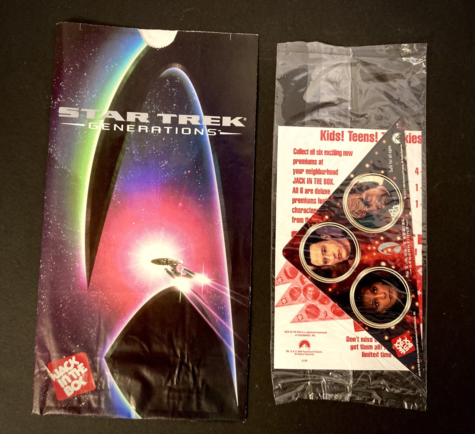 1994 Jack in the Box Star Trek Generations Milk Caps Sealed And JIB Bag