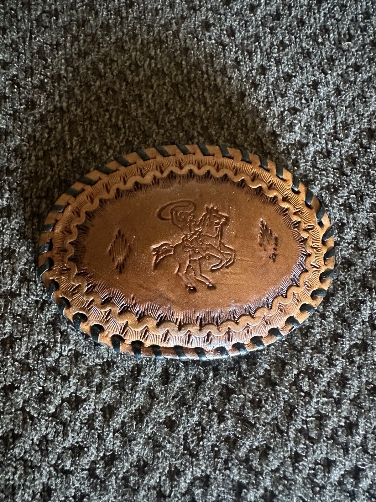 Vintage Style Tooled Leather Cowboy Bronco Rider Western Belt Buckle 4” x 3.75”
