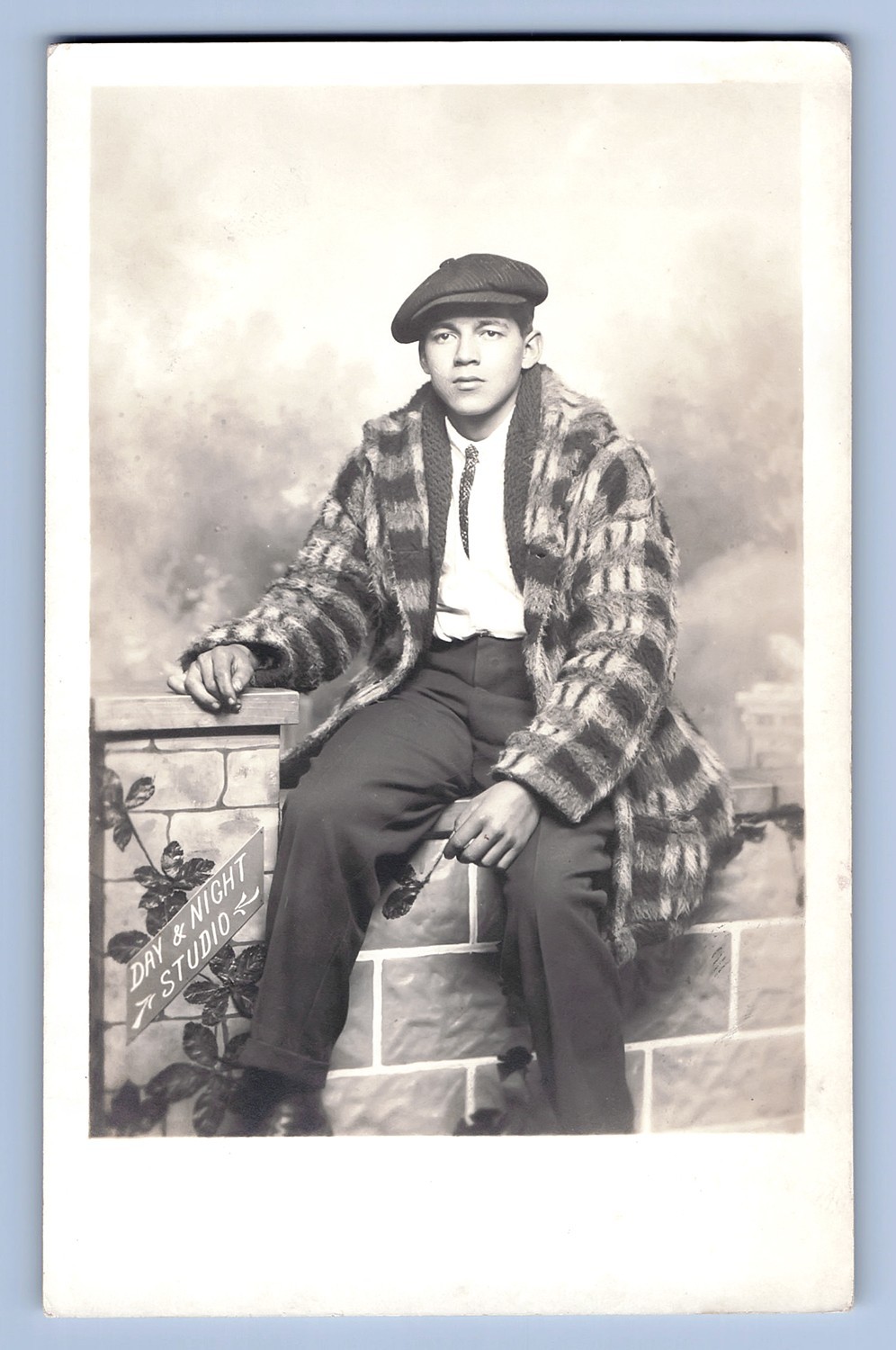 1920s Young Man Fur Coat Flat Cap Day Night Studio AZO RPPC Studio Postcard-1167