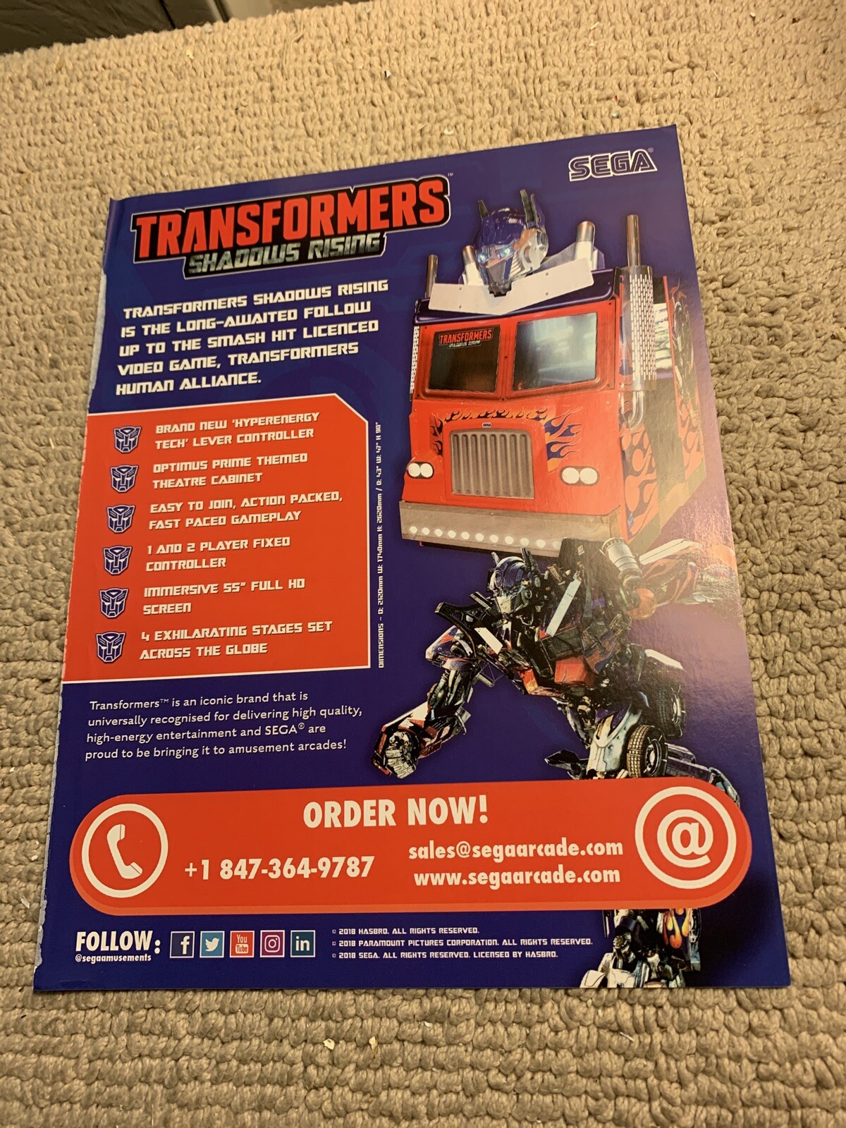 original 11-8 1/4” Transformers Sega arcade game FLYER AD