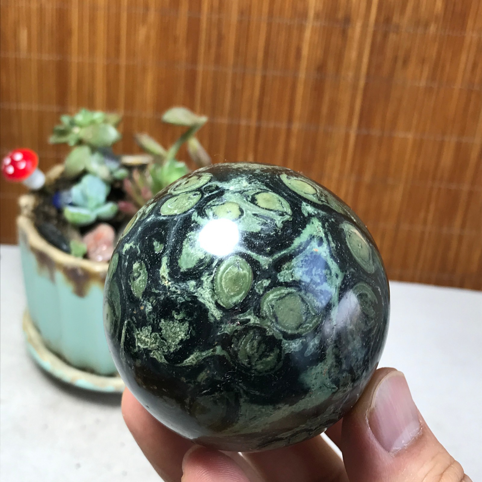 61mm NATURAL Green Kambaba jasper sphere ball quartz Crystal Healing 335g A5203