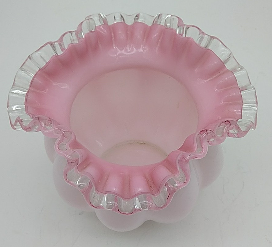 Vtg Fenton Peach Crest Triangle Vase 201 c. 1940 Cased Milk On Pink/Clear Edge