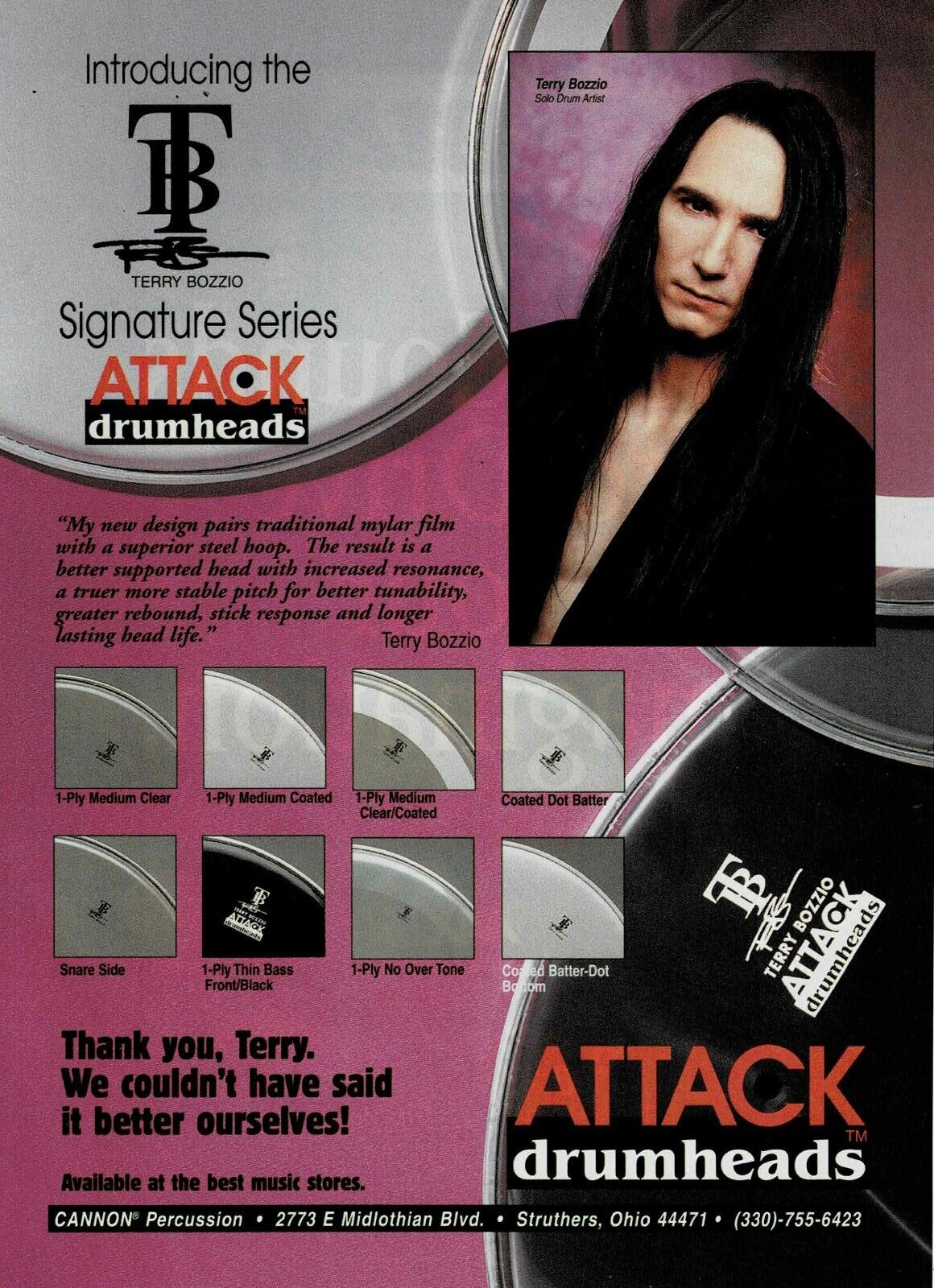 ATTACK Drumheads - Terry Bozzio - 1997 Print Advertisement