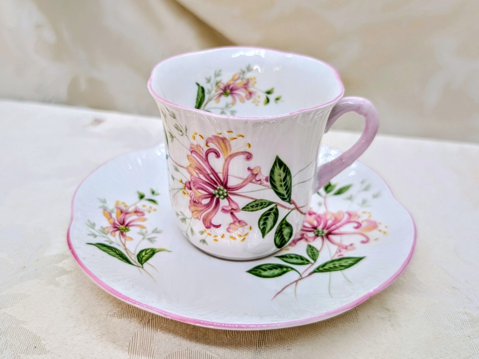 Vintage Shelley Tall Dainty Coffee Can Saucer Pink Honeysuckle Floral Cup Tea