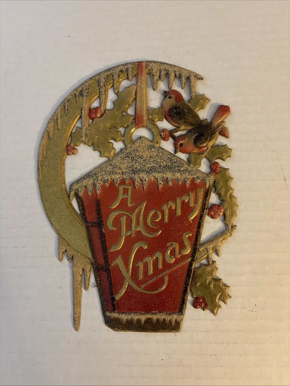 Antique German Die Cut Embossed Cardboard A Merry Christmas Birds in Snow