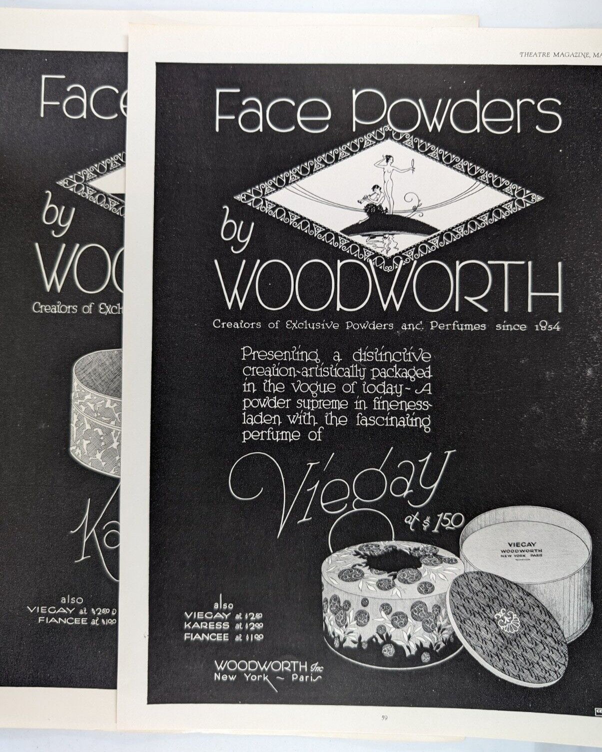 Woodworth Karess & Viegay Face Powders Set of 2 1928 Theatre Mag Ads 9.5x12.5\