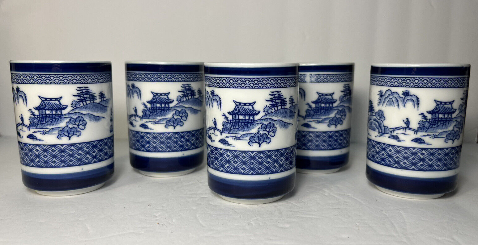 SET 5 VTG MCM Otagiri OMC Japanese Stoneware Teacups Sake Cups Cobalt Blue White