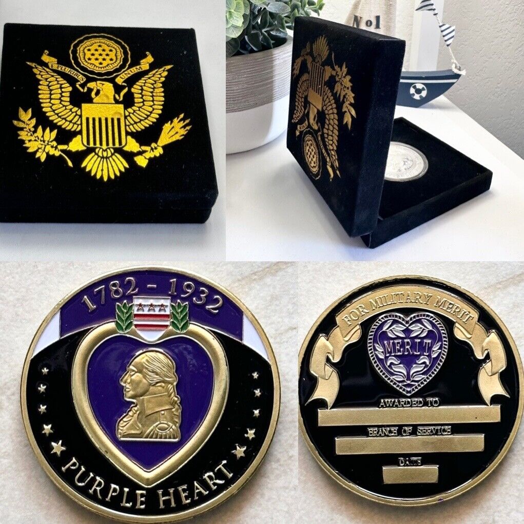 Custom Engraved - 1782-1932 Purple Heart Challenge Coin With Special Velvet Case
