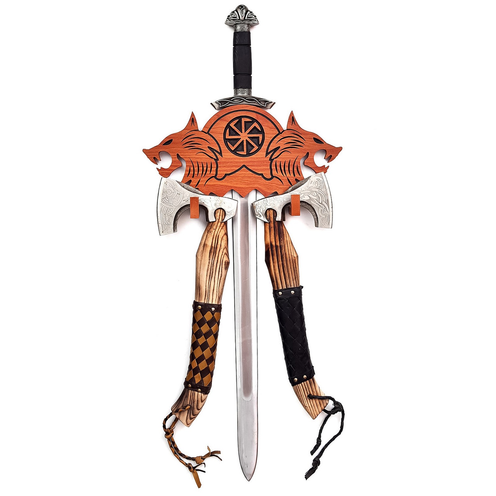 Medieval Fantasy Norse Viking Wood Sword Plaque Axe Display Mount Stand