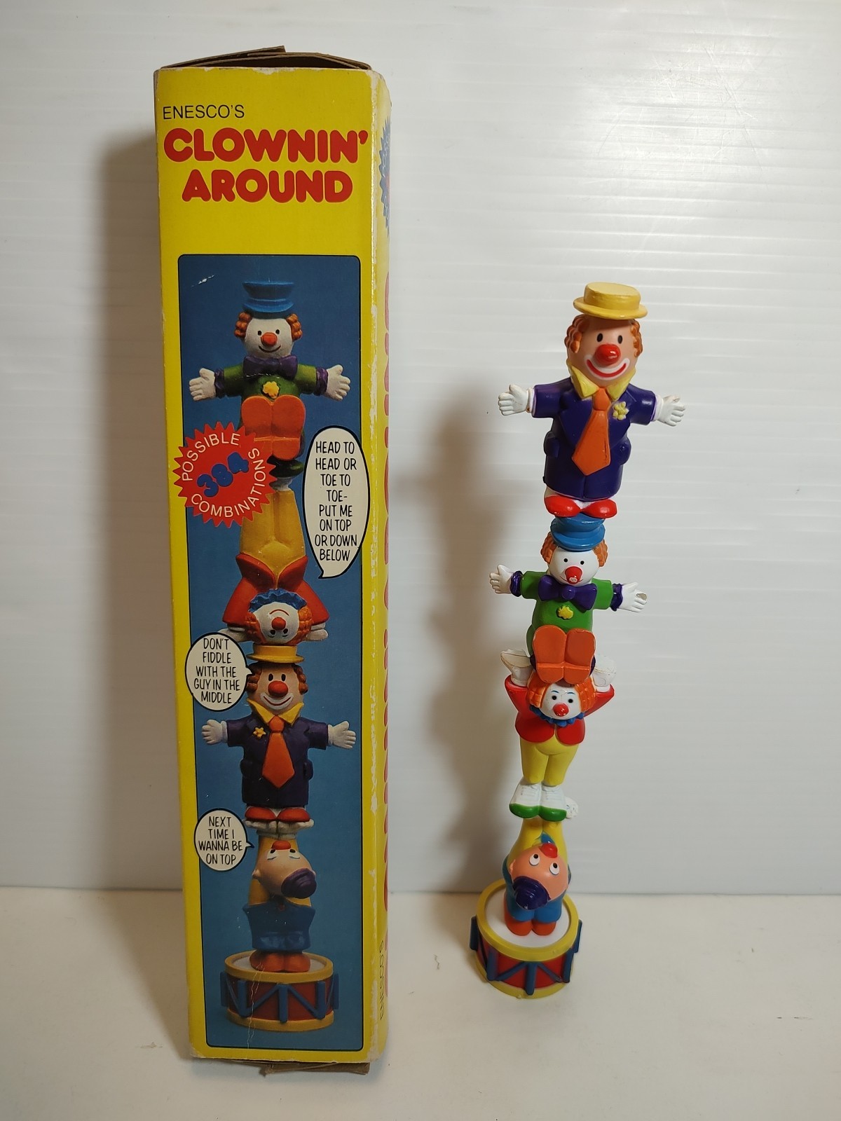 Vintage ENESCO Clownin\' Around Drum Stacking Clowns Figures 1981 #7062 Hong Kong