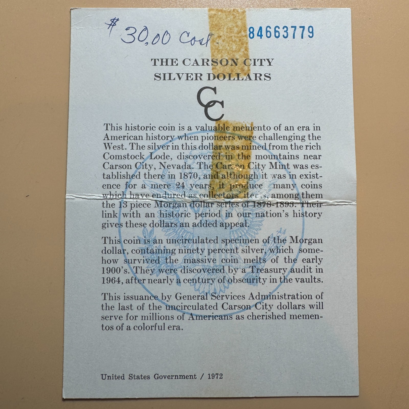 1884-CC GSA COA Card Only NO Box or Coin 84663779