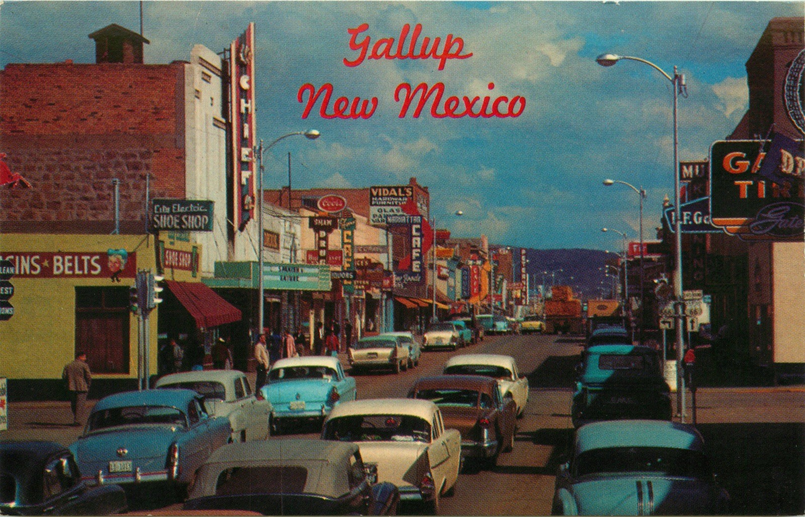 1950s Cars, Coal Avenue, Gallup New Mexico, Route 66  Vintage Petley Postcard
