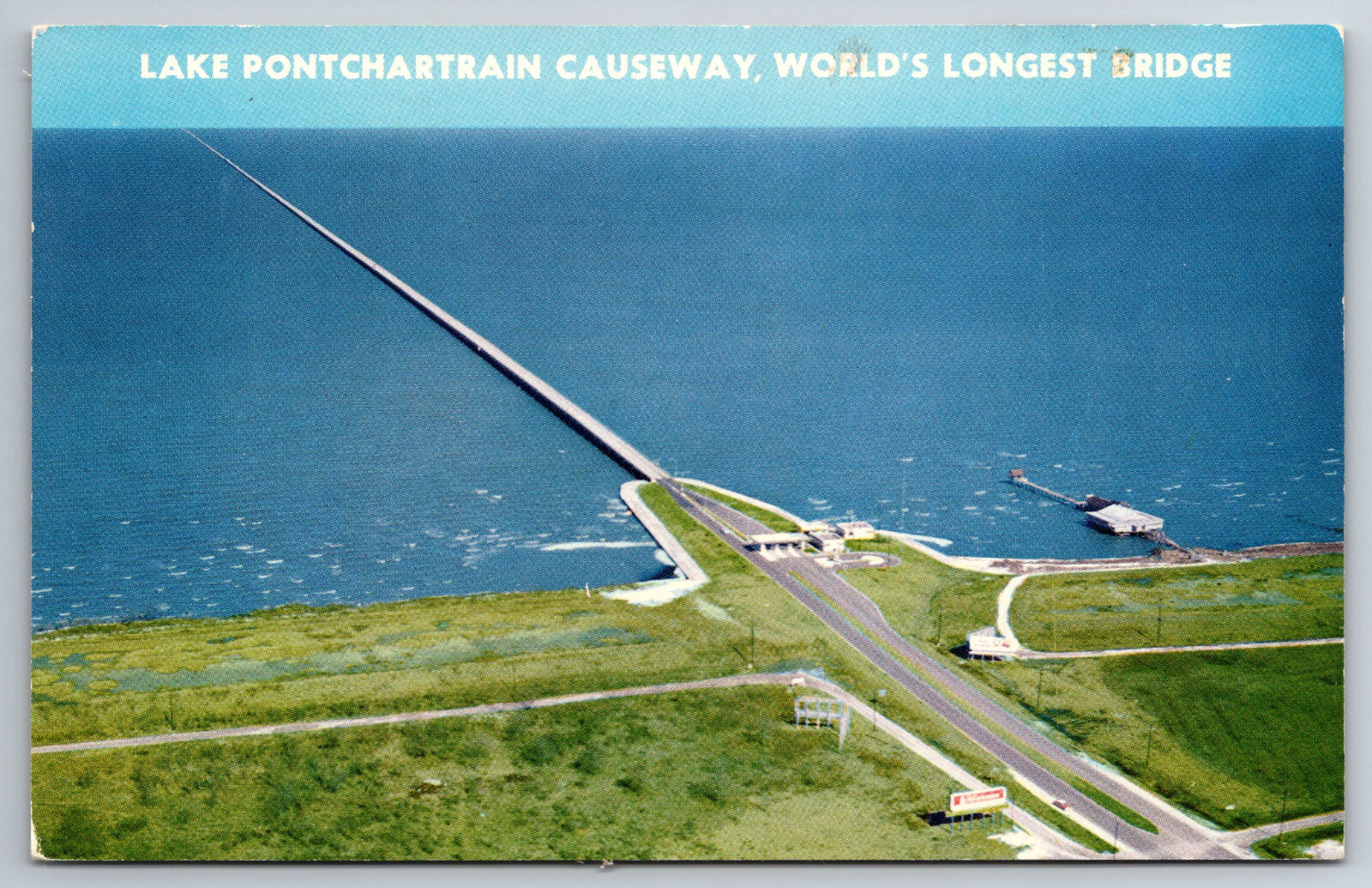 Vintage Postcard LA New Orleans Lake Pontchartarin Causeway Aerial View ~6924