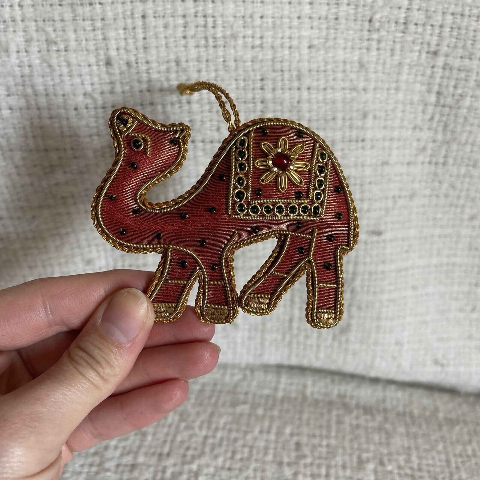 Vintage Neiman Marcus Gold Hand Beaded Hanging Ornament Red Camel Nativity
