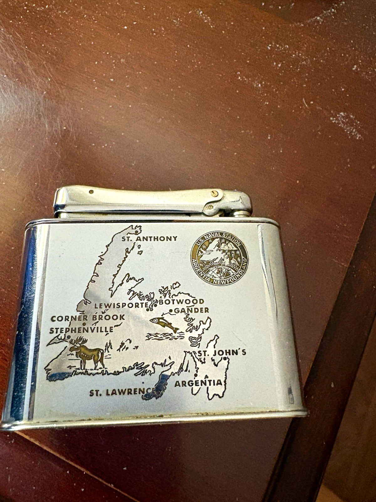 Vintage Silver Table Lighter Newfoundland Map U.S. Naval Station Argentia