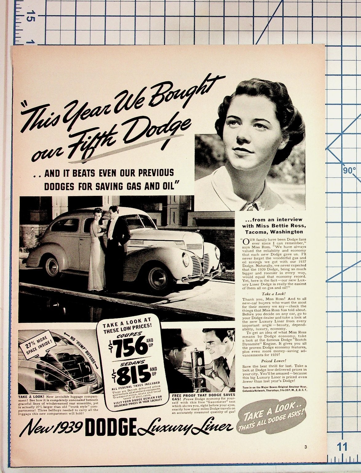 1939 Dodge Luxury Liner Car Ad Miss Bettie Ross Tacoma WA Vintage Ephemera