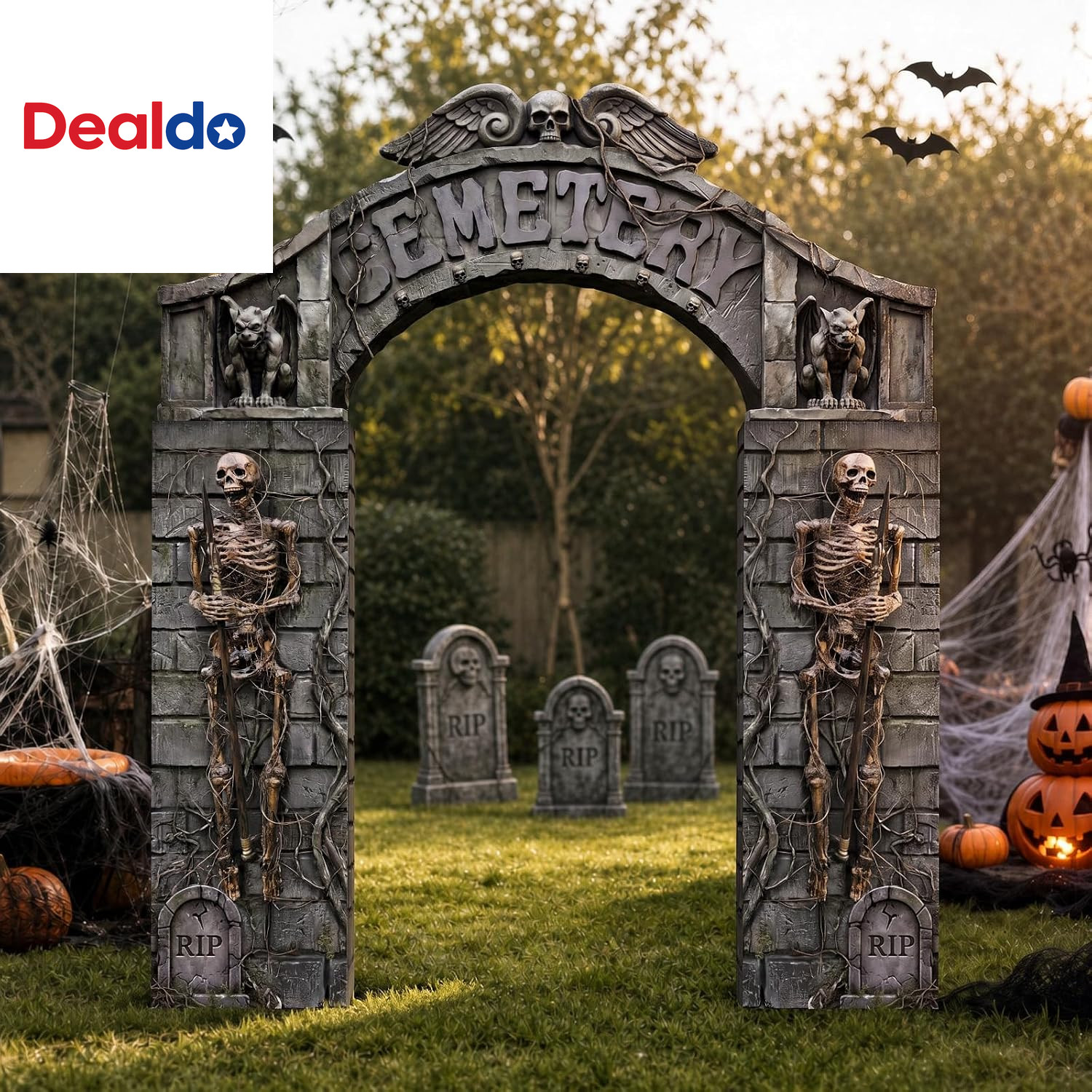 7 Piece Halloween Cemetery Archway Tombstone Skeleton Decor Set