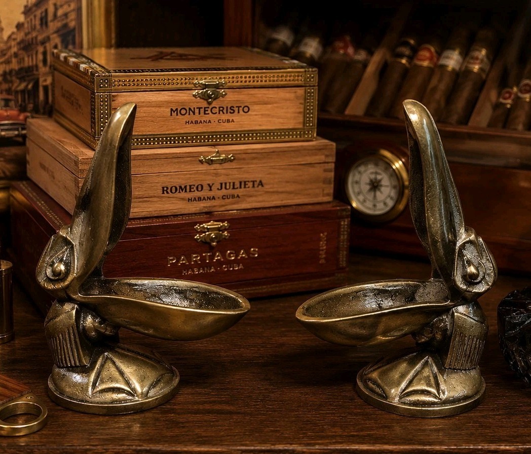 Vintage Matched Pair Of Brass Pelican Pipe Holders Ashtrays Art Deco Style Heavy
