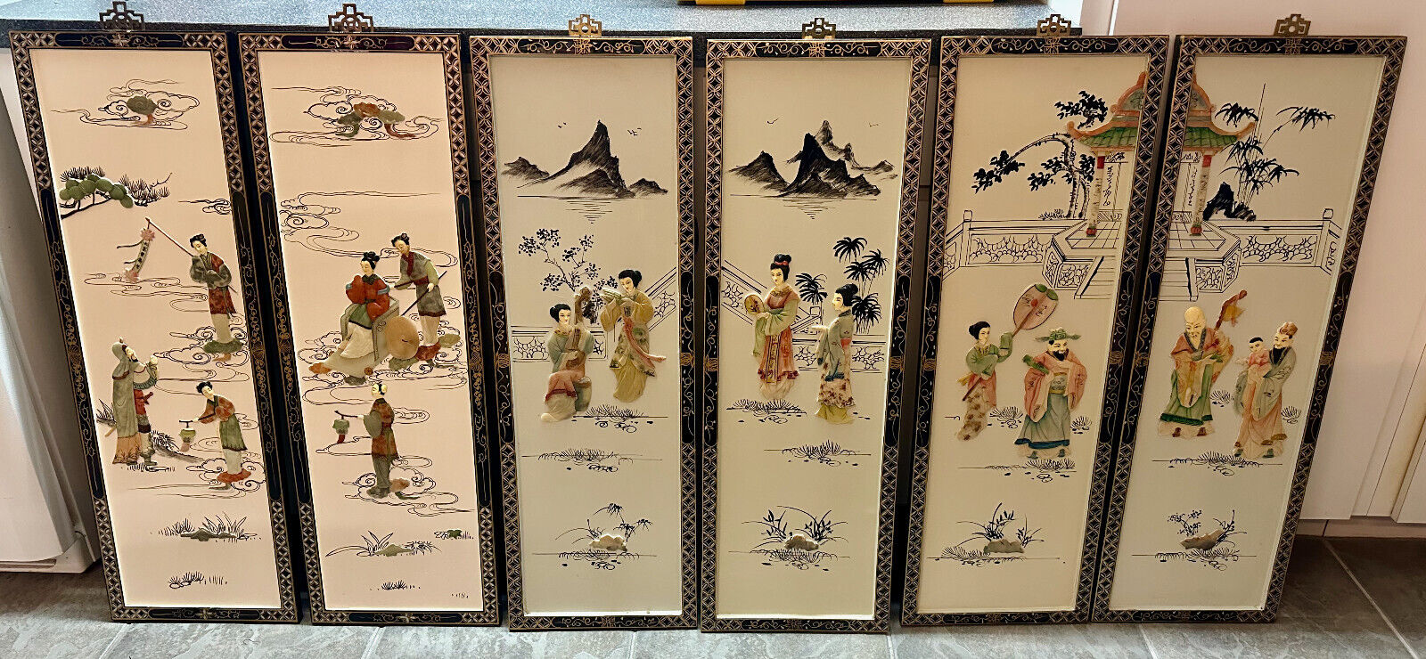 6 Vintage Oriental Mother of Pearl Lacquer Asian Wall Art Panels 12\
