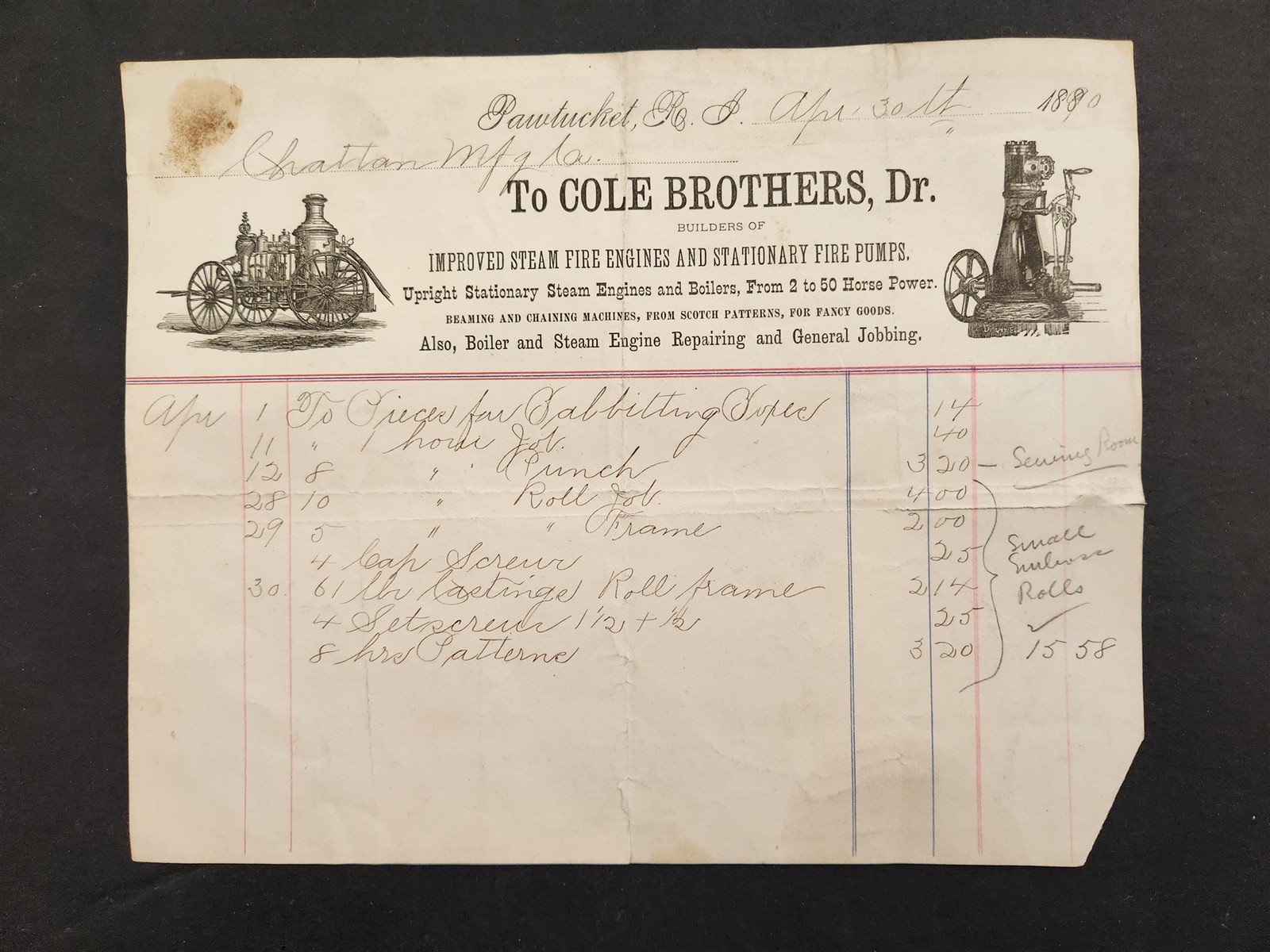1890 antique COLE BROTHERS pawtucket ri IMPROVED STEAM FIRE ENGINES PUMPS bill