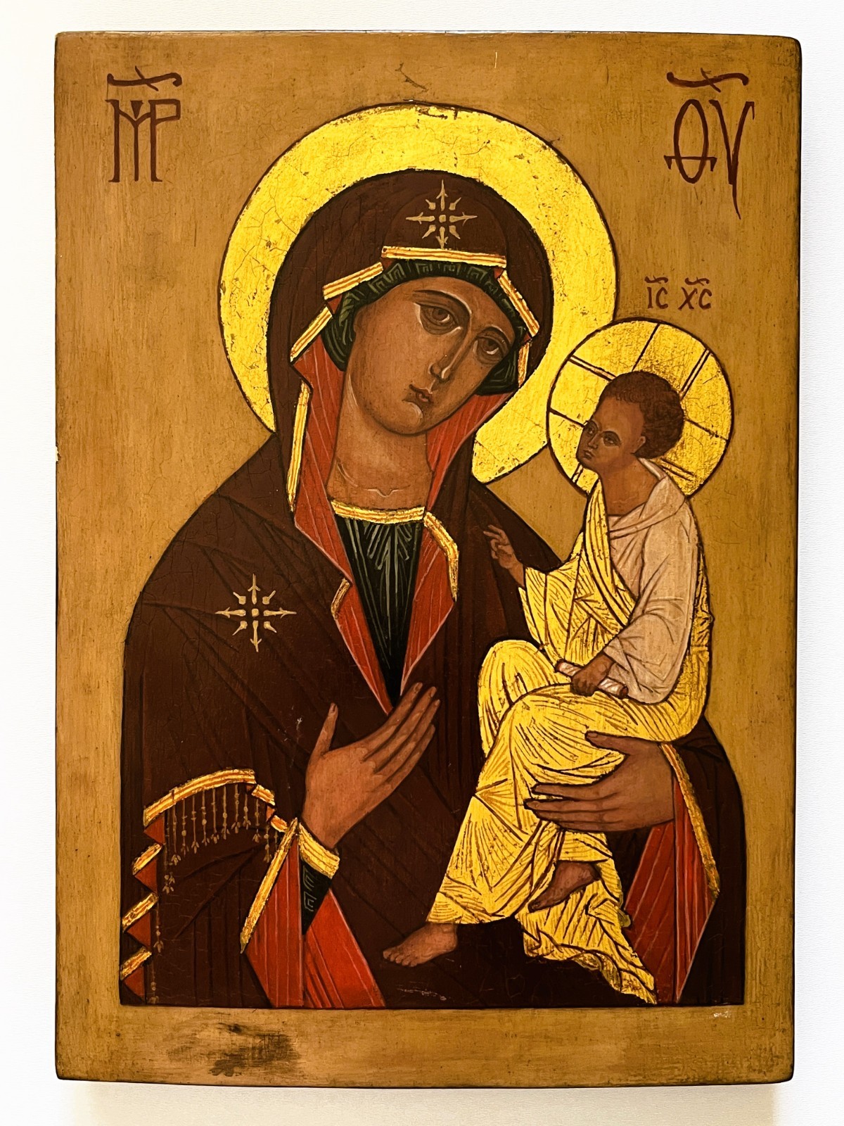 Antique Russian icon.Tikhvin Icon of the Mother of God,adorned with 24carat gold