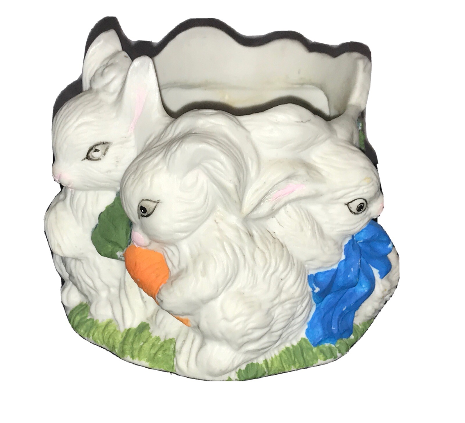 VINTAGE BABY BUNNY RABBITS HOLLAND FLORAL INC. 1992 PLANTER CERAMIC BISQUE
