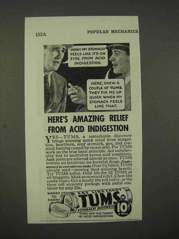 1938 Tums Ad - Amazing Relief From Acid Indigestion
