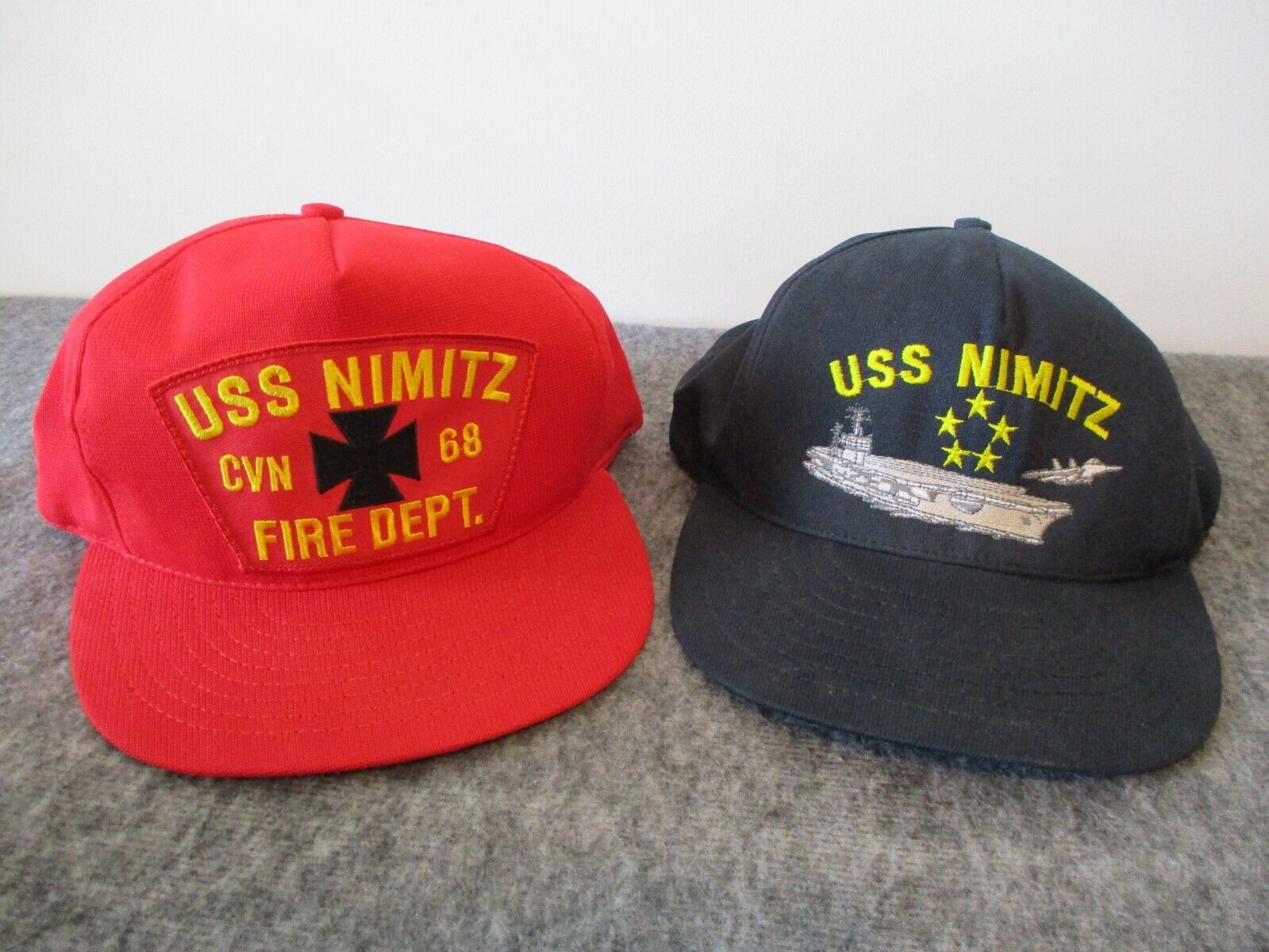 VINTAGE USS NIMITZ HATS (2)-USA MADE -EMBROIDERED (BLUE) + PATCH (RED-FIRE DEPT)