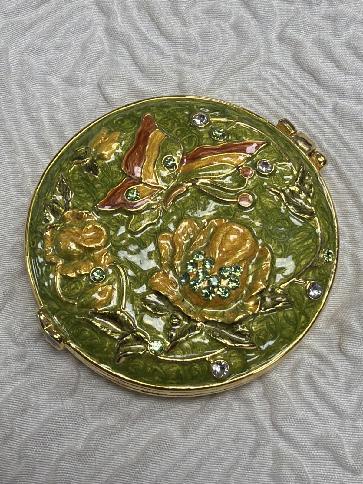 Vintage Clear Green Swarovski Crystals  Embedded Butterfly Enamel Compact Mirror