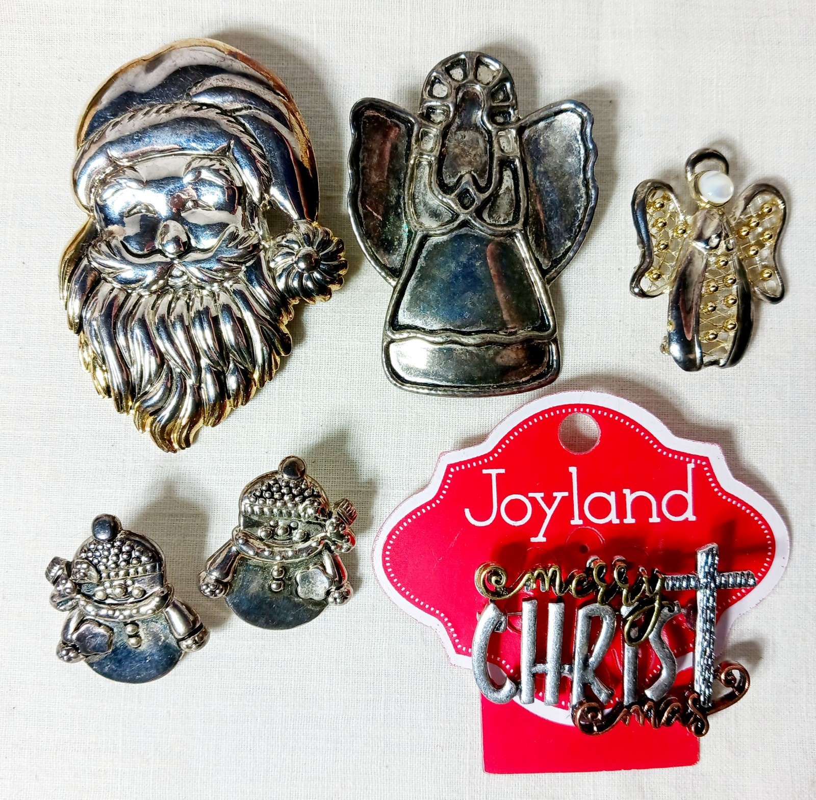5 vtg Christmas Silver Tone BROOCH Pendant Earrings SANTA Angel SNOWMAN Merry