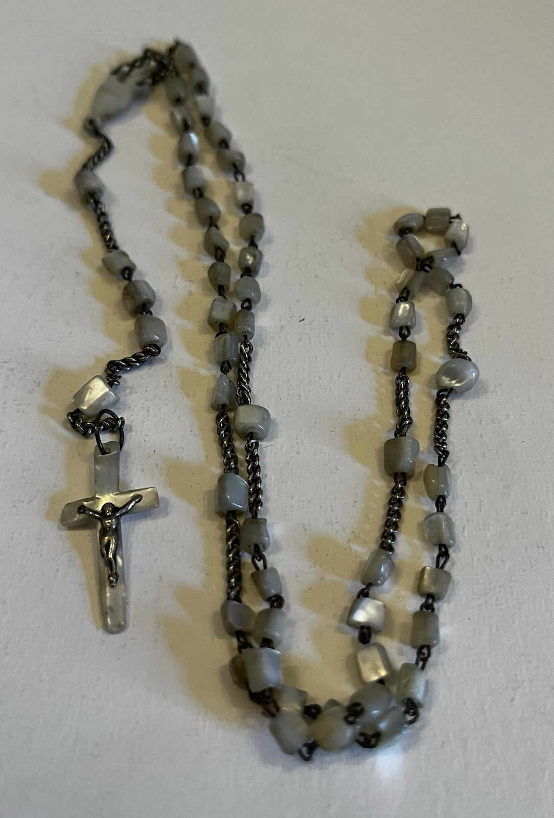 Rosary Vintage Mother Of Pearl Cylinder Small Beads vintage gold fill? 