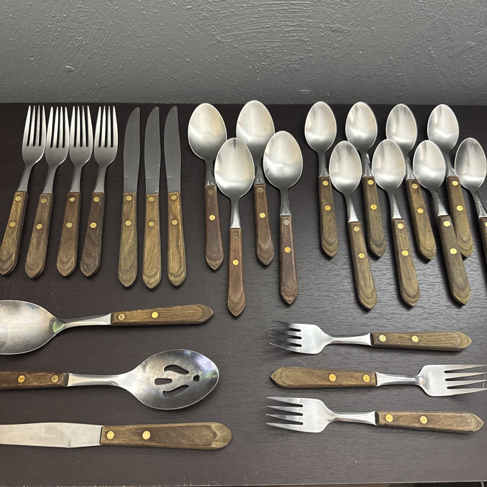 25 Pc Vtg Washington Forge Town & Country Wood/Brass Stainless Flatware