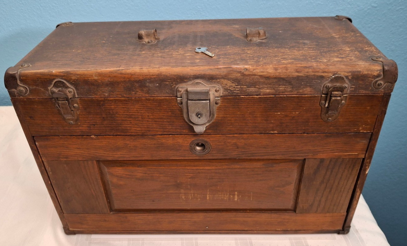 Vintage Union 7 Drawers Oak Wood Machinist Tool Chest Box W/ Orig Key