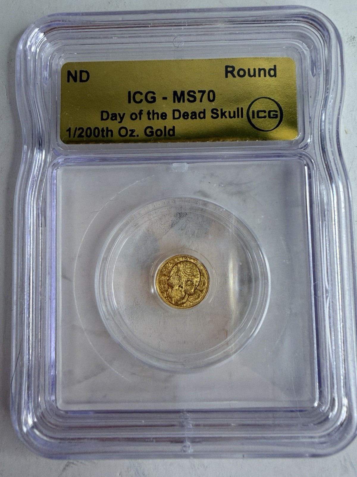 Gold Day of the Dead Skull ICG MS70 1/200th .9999 Fine Gold Private Issue ND