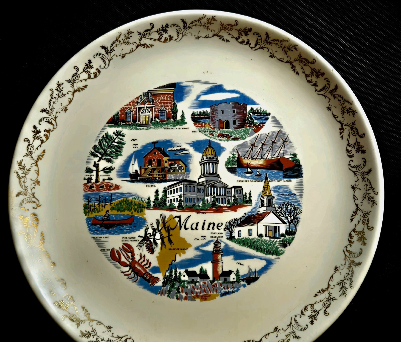 Vintage Maine State Souvenir Collector Plate 9.25 Gold Filigree Trim Mid-Century