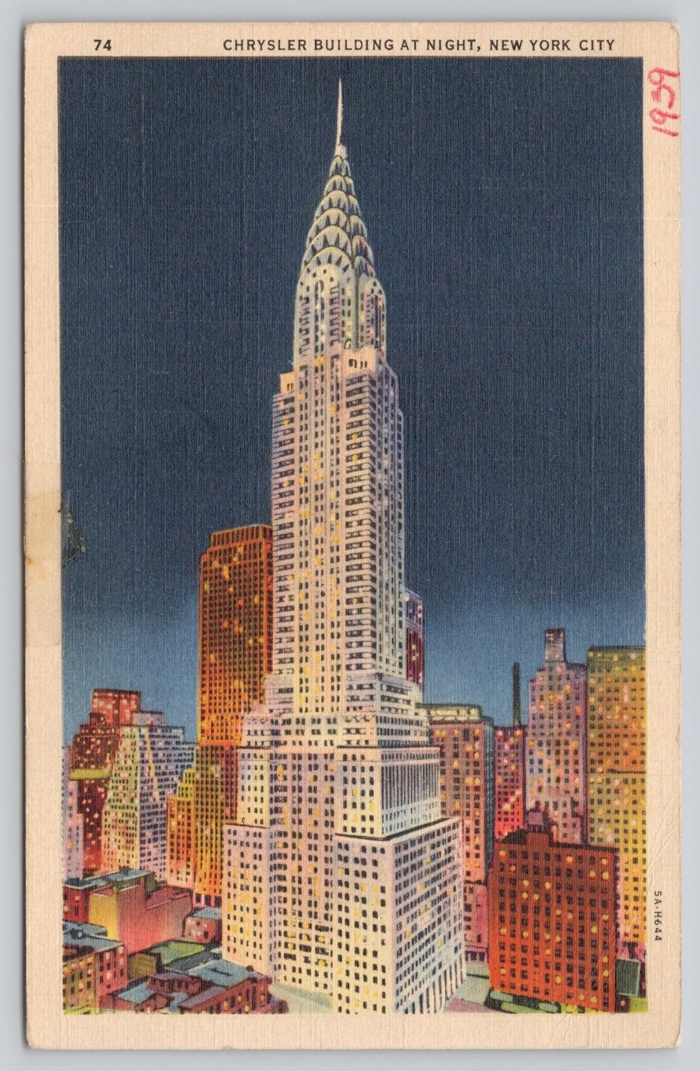 Chrysler Building NYC Night View Linen Postcard 1939 Posted New York City