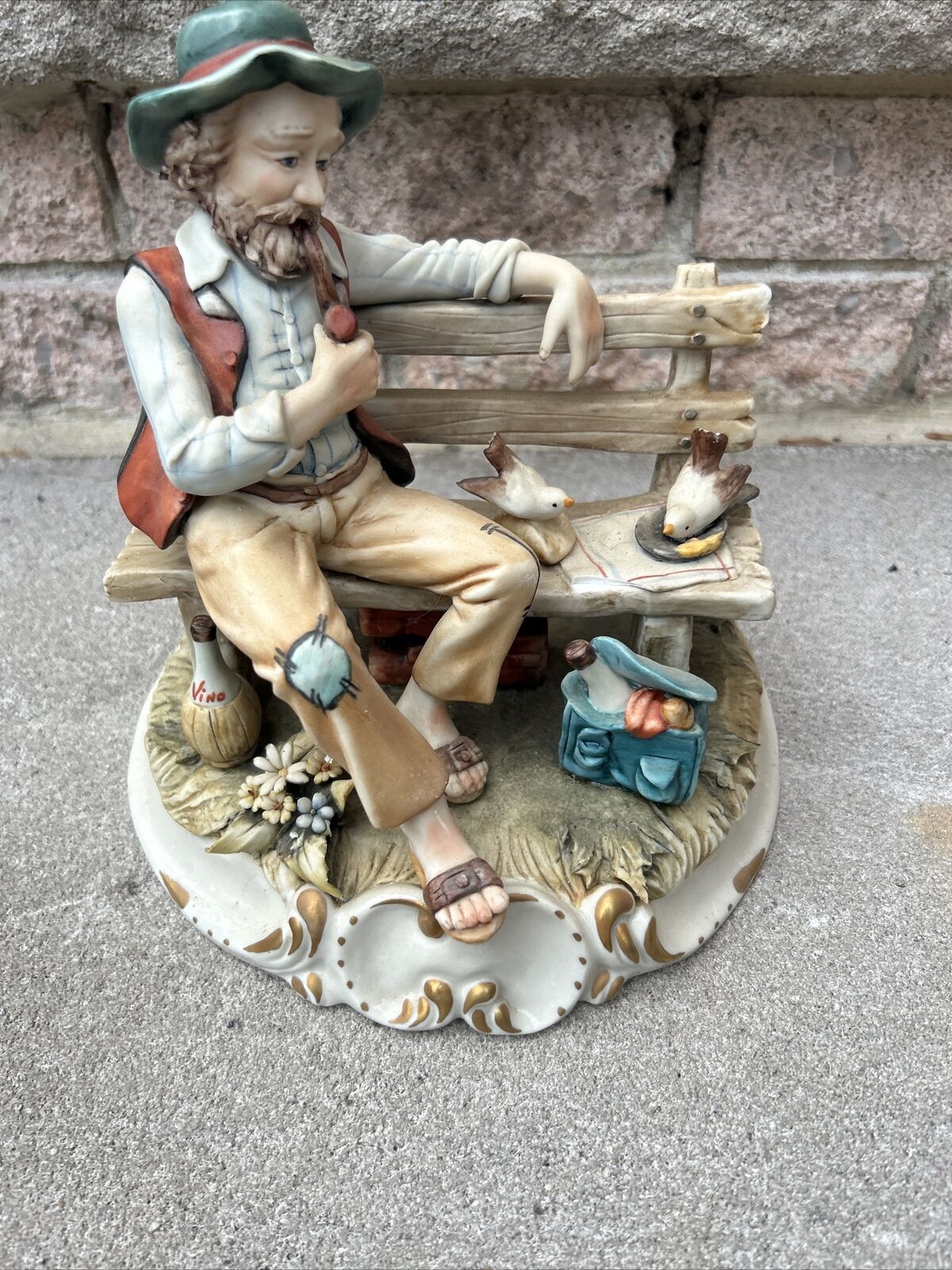 Large Capodimonte Figurine Man on a Bench Smoking Tabasco Pipe  Matte Finish